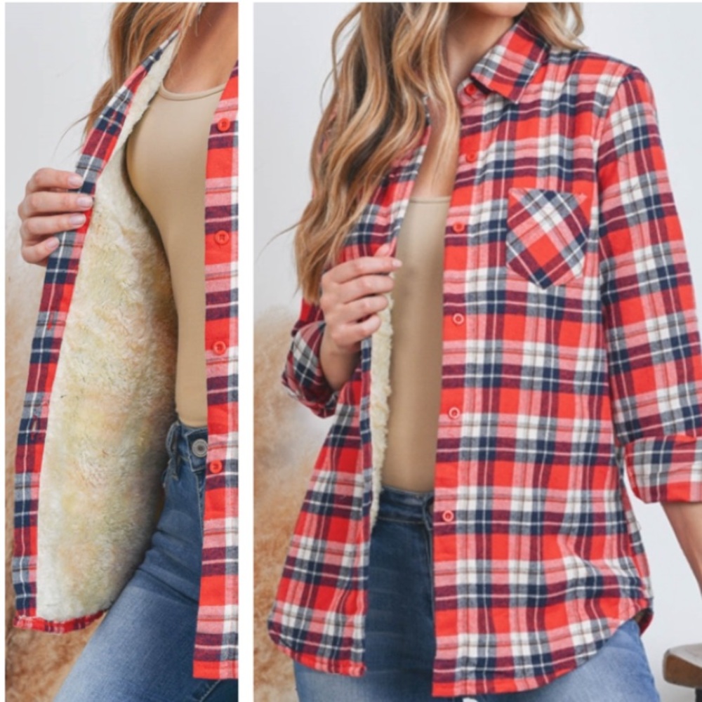 - Sherpa, fleece lined plaid Flannel Top, plaid top